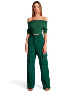 Calça Pantalona de Malha Com Bolso e Friso Verde Zen